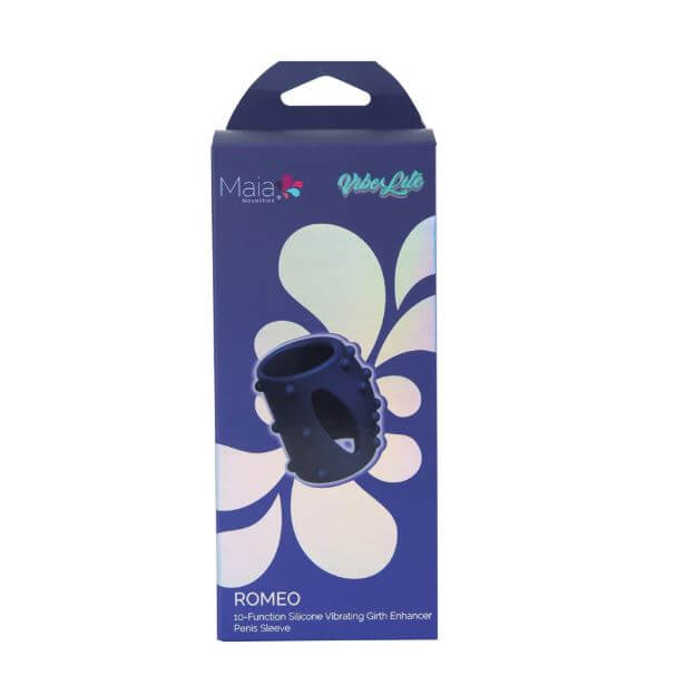 Maia Romeo Vibrating Girth Enhancer Blue packaging showcasing its sleek design and features.