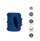 Maia Romeo Vibrating Girth Enhancer Blue showcasing its silicone texture and features such as rechargeability and submersibility.