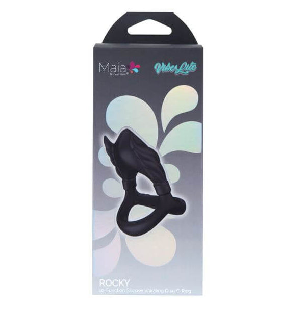 Maia Rocky Black Vibrating Penis Ring packaging showcasing sleek design and dual-ring style.