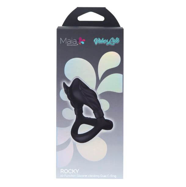Maia Rocky Black Vibrating Penis Ring packaging showcasing sleek design and dual-ring style.