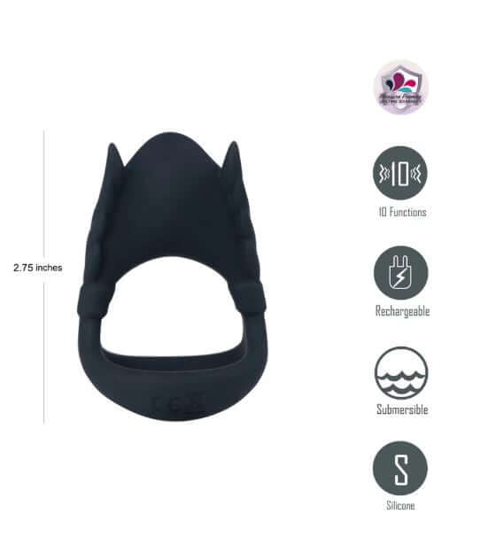Maia Rocky Black Vibrating Penis Ring showcasing its design, features, and specifications for enhanced pleasure and support.