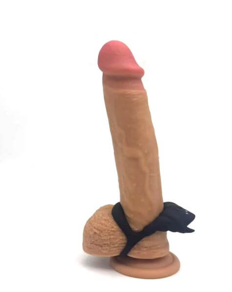 Maia Rocky Black Vibrating Penis Ring displayed on a white background, showcasing its sleek design and double-ring style.