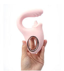Maia Jaylee Dual Motor G-Spot Tickler Pink held in hand, showcasing its elegant design and rose gold accent.
