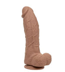 Silicone Stud Big Dick Energy Silicone Vibrating Dildo Brown side view with realistic shaft and base.