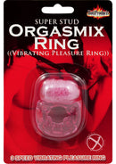Super Stud Orgasmic Vibrating Silicone Cock Ring Magenta packaging showing 3-speed vibrating pleasure ring.
