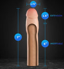 Performance Plus 1.25-Inch Silicone Penis Extender dimensions and features, highlighting 7-inch length and 1.5-inch extension in beige.