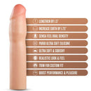Beige silicone penis extender with features list, including lengthening, girth increase, dual density silicone, and realistic feel.