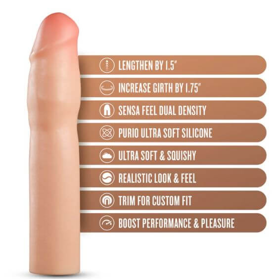 Beige silicone penis extender with features list, including lengthening, girth increase, dual density silicone, and realistic feel.