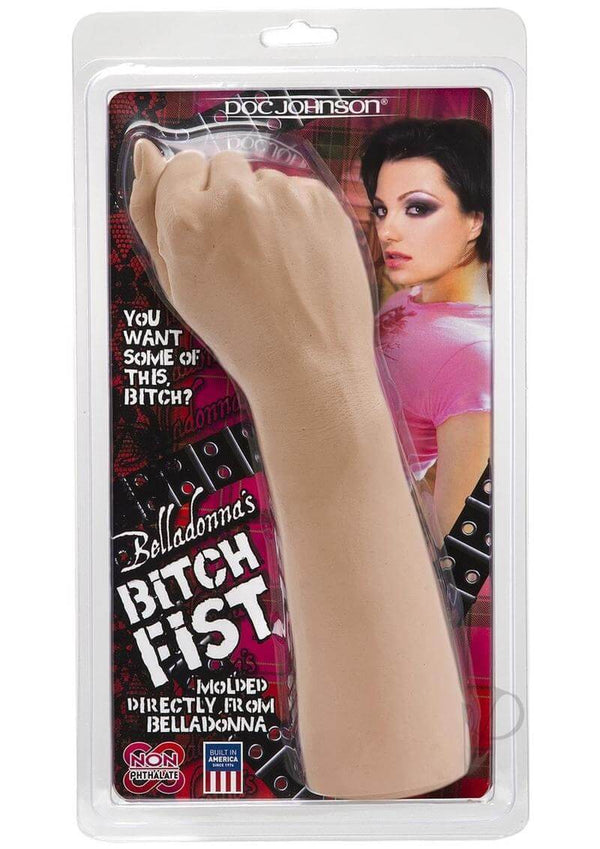 Belladonna's 11.5" Bitch Fist toy packaging, featuring realistic replica of Belladonna's fist for a unique kinky adventure.