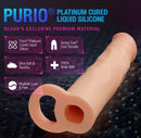 Beige silicone penis extender with realistic dual-density design and platinum cured liquid silicone features.