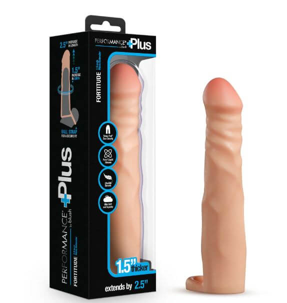 Performance Plus 2.5-Inch Silicone Penis Extender in beige with realistic dual-density design for enhanced size and lifelike feel.
