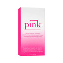 Pink Silicone Lubricant 4 Oz Glass Bottle packaging with Vitamin E and Aloe Vera for women's intimate needs.