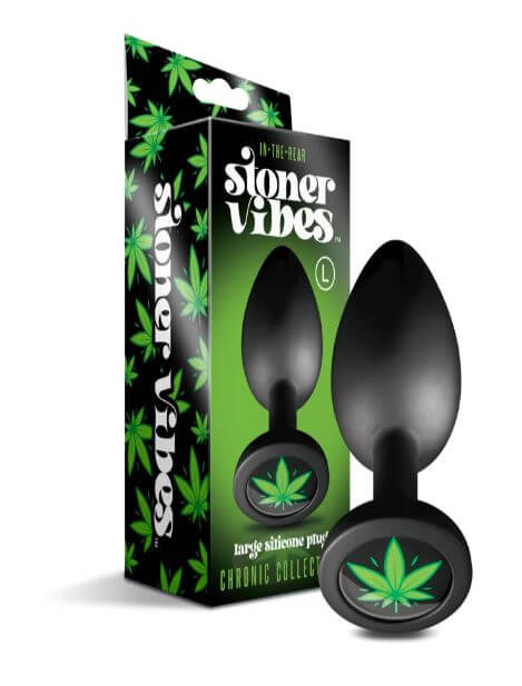 Large Stoner Vibes anal plug with cannabis charm, smooth silicone, in front of packaging from Chronic Collection.
