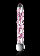 Icicles No 7 Glass Dildo 7 inch Clear Purple with textured pink accents and sleek glass design.