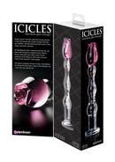 Icicles No 12 Beaded Flower Glass Dildo 7.25 Inch Clear Pink packaging showcasing elegant design and craftsmanship.
