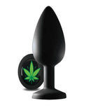Large silicone anal plug with cannabis charm from the Chronic Collection, featuring a smooth tapered design and flared base.