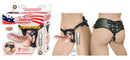 All American Whoppers 5 inches Vibrating Dong & Harness package with strap-on and model showing harness on body.