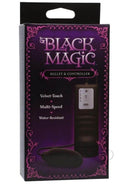 Black Magic Bullet and Controller packaging by Doc Johnson showcasing velvet-touch, multi-speed, water-resistant features.