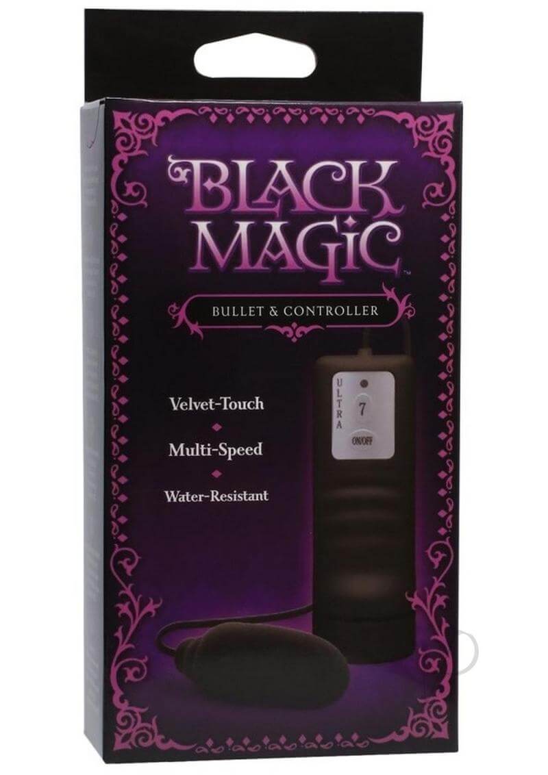 Black Magic Bullet and Controller packaging by Doc Johnson showcasing velvet-touch, multi-speed, water-resistant features.