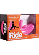 iRide Vibrator with dual vibrating zones and multi-speed controls for hands-free, internal, and clitoral stimulation in pink packaging.