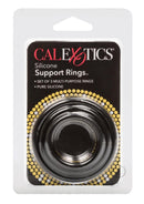 Silicone Support Cock Rings 3 Piece Set Black packaging showcasing three silicone rings for enhanced support.