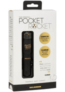Packaging of the Black Pocket Rocket 4 mini massager, highlighting awards and features like powerful, quiet, and compact design.