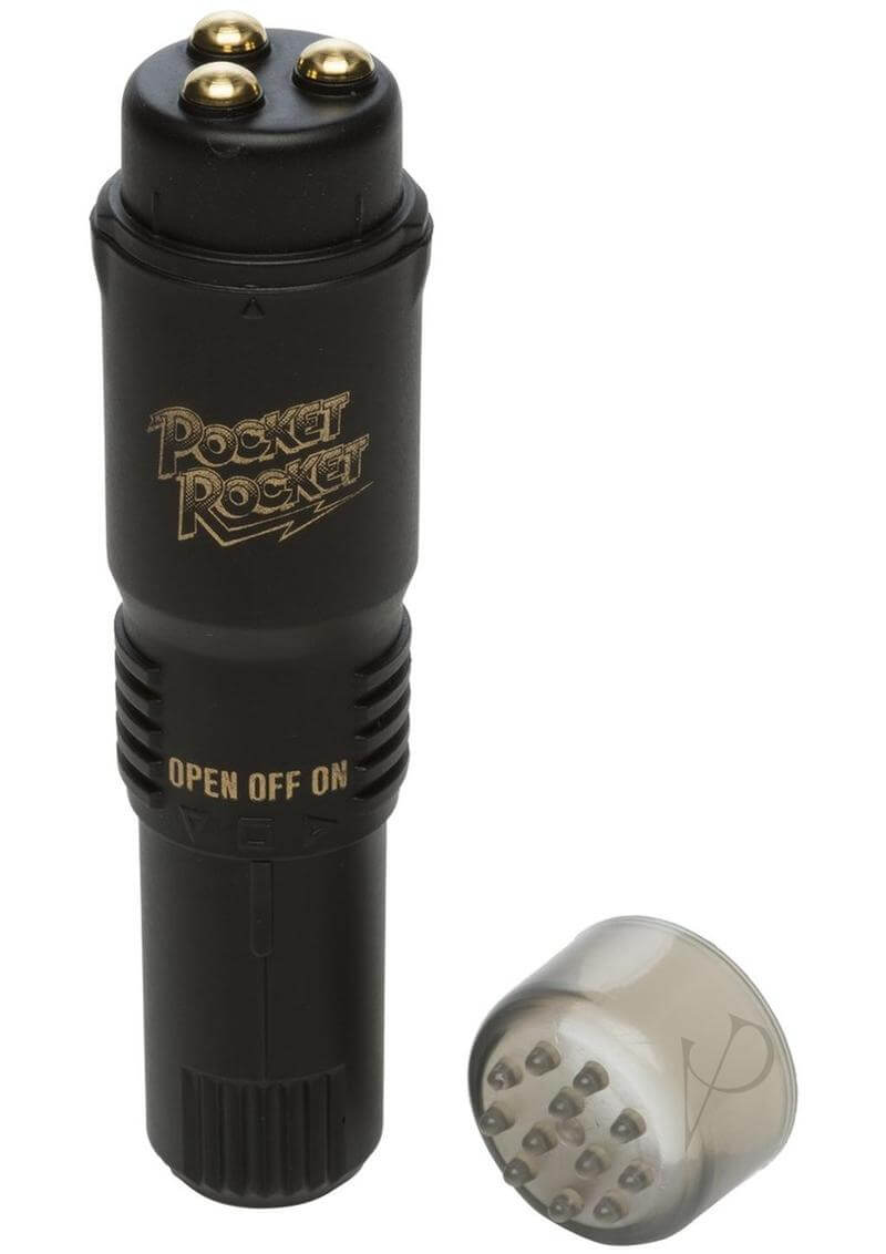 Black Pocket Rocket 4 mini massager with interchangeable head, compact and powerful for discreet, silent operation and ultimate pleasure.
