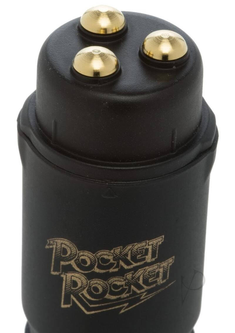 Black Pocket Rocket 4 mini massager with gold tips - compact, powerful, and virtually silent.