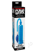 Pump Worx Silicone Power Pump Penis Enlargement System Blue packaging featuring a vacuum pump kit.