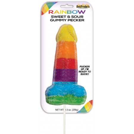 Rainbow Sweet and Sour Jumbo Gummy Pecker candy on a stick, adult novelty treat for parties and gifts.