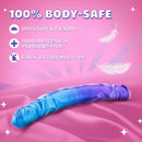 B Yours Sugar Stud Double Dildo 13.75 inches Blue on pink background highlighting body-safe features.