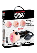 Pump Worx Travel Trio 9 Piece Penis Pump and Sleeve Set in a portable travel box with pump and sleeves.