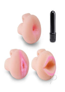 Pump Worx Travel Trio 9 Piece Penis Pump and Sleeve Set with three Fanta-Flesh sleeves and a vibrating device.