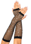 Leg Avenue Rhinestone Fishnet Arm Warmers Black with rhinestones and fingerless design.
