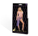 Lapdance Violet Sky Off the Shoulder Mini Dress One Size packaging with model showcasing the fishnet design.
