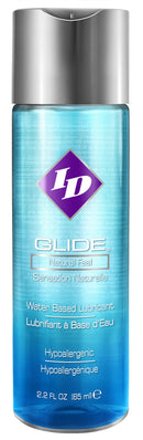 ID Glide Water Based Lubricant 2.2 Fl Oz bottle with natural feel label and hypoallergenic formula.