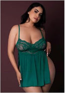 Magic Silk Evermore Babydoll & Cheeky Panty Set Emerald Queen Size, showcasing luxurious emerald green lingerie.