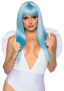 Leg Avenue Marabou Trimmed Feather Angel Wings White worn with a stylish bodysuit and blue wig, creating a heavenly look.
