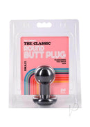 The Classic Round Butt Plug Small Black in packaging, featuring a smooth rounded head and ergonomic design.