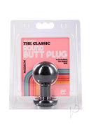 The Classic Round Butt Plug Medium Black packaging featuring a smooth spherical design and structured form for balanced pleasure.