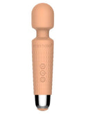 Mini Halo Peach Fuzz Wand Massager in soft peach color, compact design with buttons for customizable intensity.