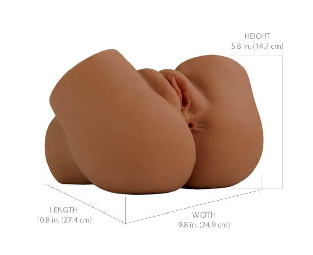 PDX Elite Back That Ass Up Automatic Mega Masturbator showing dimensions and realistic design in brown color.