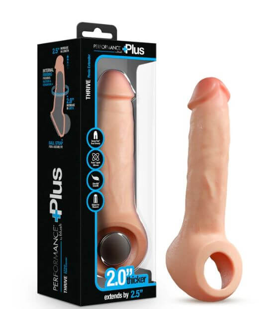 Performance Plus Thrive Silicone Penis Extender, 2.5-Inch Extension, by Blush in packaging, boosts size and confidence.