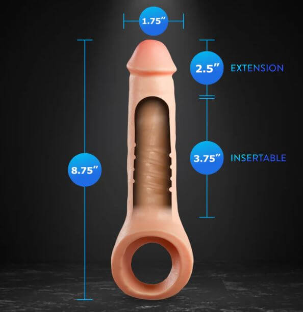 "Performance Plus Thrive Silicone Penis Extender with 2.5-inch extension diagram"