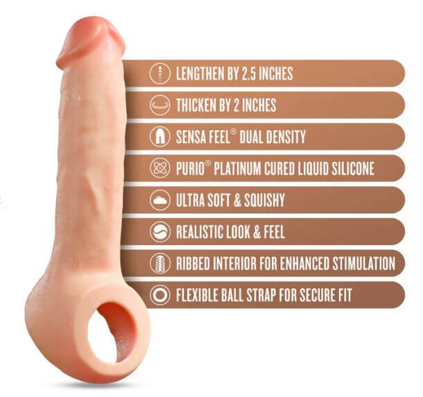 Silicone penis extender with features like 2.5-inch length extension, dual density, and flexible strap for secure fit.