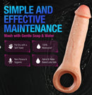 Silicone penis extender with maintenance tips, including washing with gentle soap and water, and drying with a soft towel.