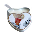 Earthly Body Hemp Seed Edible Massage Candle Vanilla 4 Oz in heart-shaped tin with ice cream design.