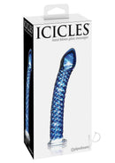 Icicles No 29 Ribbed Glass G-Spot Dildo 7 Inch Blue in packaging view with intricate design and blue finish.