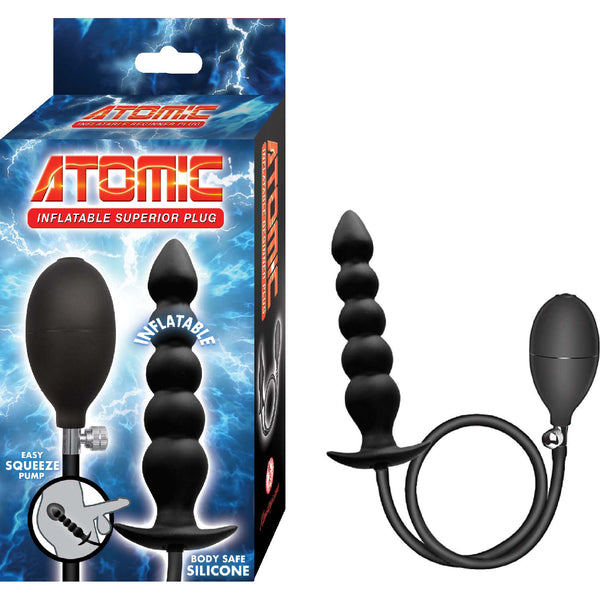 Atomic Inflatable Superior Plug Black in packaging with pump, designed for customizable anal pleasure.