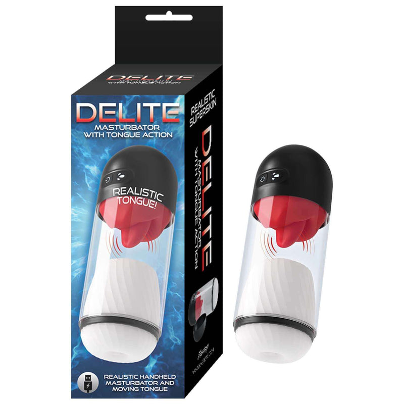 Delite Masturbator With Tongue Action White package and product design for intense stimulation and pleasure.